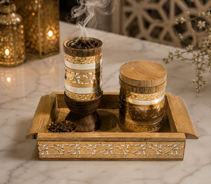 Handmade Wooden <b>Bakhoor</b> Burner Set with Brass & MOP Inlay Luxury Arabic <b>Oud</b> Mabkhara Tray & Storage Jar Set for Ramadan Eid Gift - Product Image 1
