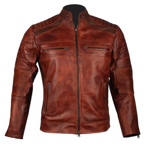 Veste de moto en cuir véritable marron pour homme, col montant, fermeture éclair, coupe classique, style automne, veste de motard - Product Image 1