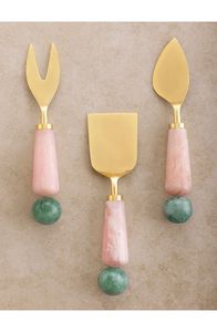 Contemporary Resin Handle Tablespoon Metal Golden <b>Salad</b> <b>Servers</b> with Pink Marble Handles and Green Stone Accents Set of 3 - Product Image 1