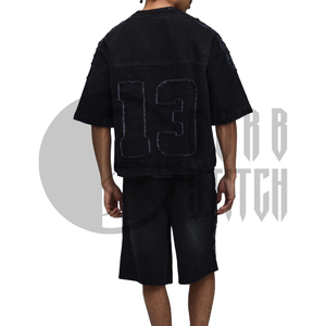 Conjunto de camiseta y pantalones cortos de mezclilla negros extragrandes para hombre, cuello en V, número 13 bordado, ropa urbana de dos piezas, para verano - Product Image 5