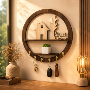 Modern Round Wooden <b>Key</b> Holder <b>Wall</b> Shelf <b>for</b> Entryway Decor | Decorative Sweet Home <b>Key</b> <b>Rack</b> with Storage Shelf & <b>Wall</b> Mounted - Product Image 3