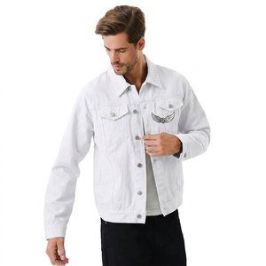 Men's <b>Black</b> Denim Jacket With Embroidered <b>Wing</b> Logo Turn-down Collar Casual Regular Fit Cotton Outerwear Autumn Wear - Product Image 3