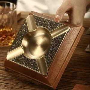 Square Brass Wooden <b>Ashtray</b> <b>Vintage</b> Design Desktop Cigar Holder Home Decor - Product Image 2