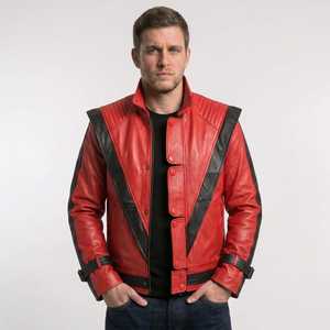 Chaqueta de Cuero Retro Roja y Negra Premium para Hombre, Estilo Pop de los 80, Corte Ajustado, Chaqueta de Motero, Moda, Cosplay, Ropa Casual, Venta al Por Mayor Personalizada - Product Image 1