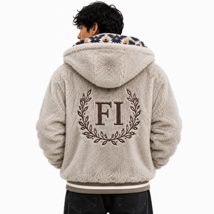 Vente en gros de sweats à capuche unisexes en molleton de coton pour hommes, avec logo personnalisé, intérieur contrastant en sherpa, fermeture éclair, coupe oversize, doux et texturé, USA - Product Image 2