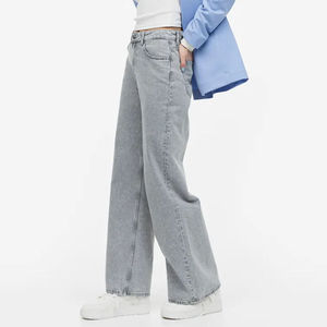 Pantalones Vaqueros de Mezclilla de Alta Calidad para Mujer, Diseño con Bolsillos Laterales, Color Gris, Corte Ancho y Acampanado, Jeans Personalizados - Product Image 3
