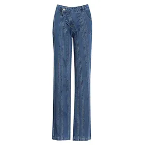 Jeans Ajustados de Cintura Media para Mujer, Estilo Recto, Mezclilla de Alta Calidad, Corte Regular, Casual, Sólido, Secado Rápido, 100% Algodón - Product Image 1