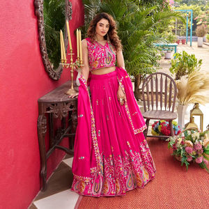Ensemble Lehenga Choli en soie Vichitra pour femmes – Broderie lourde à cordonnet et sequins, tenue de mariage avec dupatta - Product Image 1