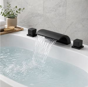Grifo de Bañera Romano Cascada Negro Mate Premium de 3 Orificios para Montaje en Cubierta con Manijas Cuadradas - Product Image 2