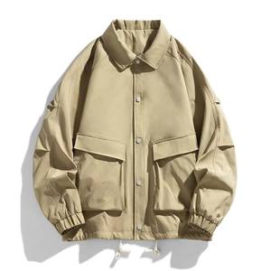 Men's Khaki Casual Shirt Jacket Turn-down Collar Regular Sleeve Polyester Windproof Autumn Wear Solid Color Pockets Loose Fit - Product Image 1