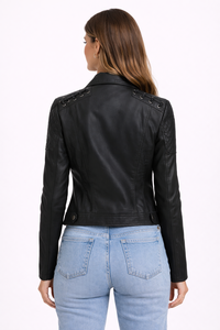 Women Black Faux Leather <b>Biker</b> <b>Jacket</b> Quilted Shoulder Casual Street Style <b>Jacket</b> for Best Wholesale Price - Product Image 3