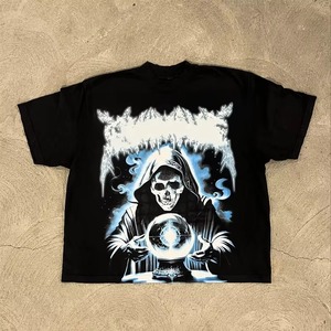 T-shirt à manches courtes pour hommes imprimé Gothic Skull Reaper, coupe régulière, col rond, jersey en coton noir - Product Image 2