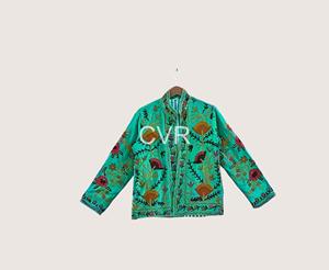 Veste décontractée à col mandarin brodé de fleurs, style chinois, manches longues, pour femme, grande taille, en polyester vert, collection automne - Product Image 1