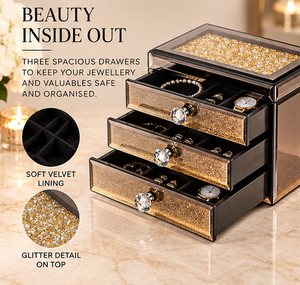 Boîte de rangement pour bijoux en verre or rose avec incrustation de paillettes, boutons en cristal, doublure en velours doux, rangement décoratif - Product Image 2