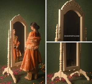 <b>Antique</b> Distress Beige Hand-Carved Standing Psyche Mirror Traditional Standing Mirror <b>Frame</b> - Product Image 3