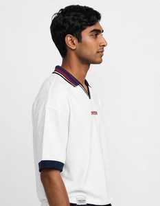 Oneten <b>Men's</b> <b>White</b> <b>Long</b> <b>Sleeve</b> Striped for Shirt Navy Ribbed Collar Front Heat-Transfer Printed Logo Casual Sporty <b>Top</b> - Product Image 3