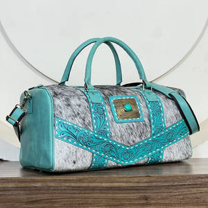 Vintage Hand Tooled Genuine Cowhide Leather Turquoise Duffel Bag & <b>Backpack</b> Set Unisex Travel Luggage Matching 2 Piece Bag Sets - Product Image 3