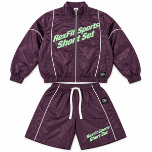 Ensemble court d'été léger en nylon Rexfit Sports personnalisé, veste zippée intégrale avec détails passepoilés, violet, streetwear, deux pièces, unisexe - Product Image 1