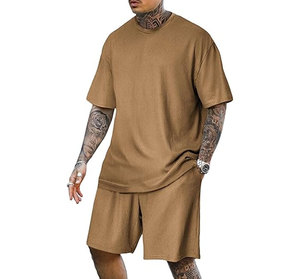 Mens solid color crew neck Casual <b>knitted</b> summer outfit Pink 100% cotton t-shirt Shorts <b>set</b> for men's gym - Product Image 1