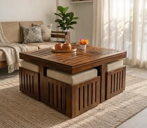 Slatted Top Solid Wood Coffee Table with 4 <b>Cushioned</b> Stools | Space Saving Nested Center Table | Jodhpur Export - Product Image 1