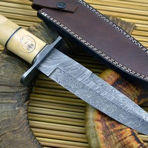 Couteau de chasse Bowie DIY OEM avec acier Damas et manche en bois et étui en cuir - Couteau de chasse d'extérieur - Product Image 1