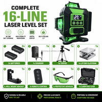 Niveau laser mural omnidirectionnel 4D à 16 points, auto-nivelant, rotation verte à 360°, alimenté par batterie au lithium, kit d'outils