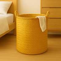 Panier à linge en rotin jaune naturel tissé à la main, organisateur de rangement |   Rangement de vêtements rustique en fibres végétales écologiques
