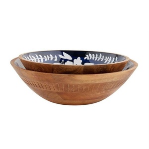 Natural Wooden Salad Serving Bowl <b>Sticker</b> Enamel Printed Custom Made Table Top Wooden Bowl Dough Bowl For Home <b>Kitchen</b> Use - Product Image 4