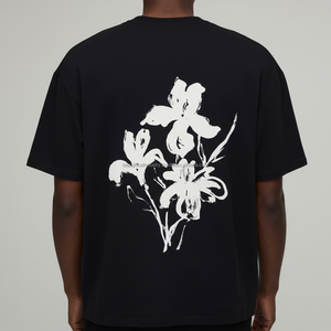 เสื้อยืดผู้ชายทรงหลวมสีดำ พิมพ์ลายดอกไม้ รับผลิตตามแบบ OEM ขายส่ง - Product Image 2
