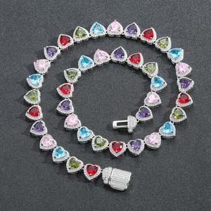 Solid 925 Sterling Silver Iced-Out VVS Moissanite Multicolor Heart Tennis Chain Vibrant Hip-Hop Candy Drip Fashionable <b>Necklace</b> - Product Image 4