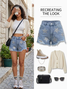 Shorts de mezclilla de tiro medio para mujer con estampado de estrellas de lentejuelas, estilo Y2K, con dobladillo deshilachado, casual de verano - Product Image 6