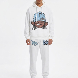 Most Demanding Custom Men's <b>White</b> Cartoon Print Hooded Tracksuit Set Full Sleeve Streetwear <b>Jogger</b> With Side Pockets Autumn Wear - Product Image 1