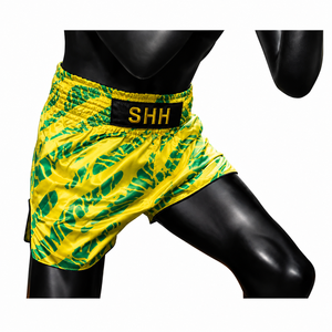Shorts de Muay Thai SHH jaune et vert à rayures tigrées en satin, unisexe, pour adultes, vêtements de combat - Product Image 4