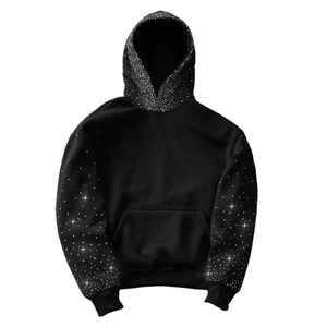 Sweat à capuche de qualité supérieure, personnalisé OEM, avec lettres brodées en coton et patch en cuir, effet vieilli, délavé soleil et strass brillants - Product Image 6