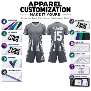 Tenue de football personnalisée, gris géométrique, sublimation, évacuation de l'humidité, 100% polyester, manches courtes, coupe régulière pour homme adulte - Product Image 3