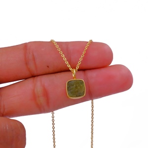 Raw <b>Peridot</b> Gold-Plated Brass Birthstone Pendant <b>Necklace</b> with Trendy Strand Collet Setting Fashionable Unisex Wholesale Charms - Product Image 4