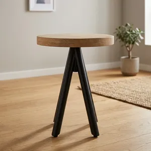 Modern <b>Round</b> Wooden Side <b>Table</b> With Black Metal X Base Minimalist Living Room Furniture Durable Design - Product Image 3