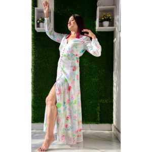 Robe trapèze multicolore blanc rosé en tissu mousseline avec taille naturelle - Product Image 6