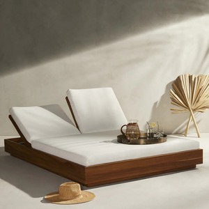 Tumbona Doble de Madera de Teca Sólida de Primera Calidad con Respaldo Ajustable, Muebles de Exterior para Piscina, Jardín y Resort - Product Image 1