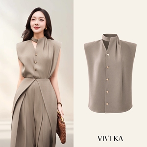 เสื้อเบลาส์คอเต่าสีน้ำตาลสำหรับผู้หญิง แขนกุด กระดุมหน้า ผ้าโพลีเอสเตอร์/สแปนเด็กซ์ ทรงหลวม ใส่สบาย ไม่ยับ เหมาะสำหรับสาวออฟฟิศ - Product Image 1