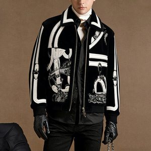 Custom Winter Street Style Men's Loose Fit Shearling Leather <b>Patchwork</b> <b>Jacket</b> Applique with Flat Embroidery OEM ODM Service 3XL - Product Image 1