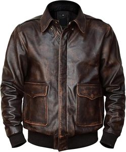 Chaqueta Bomber de Cuero Vacuno Marrón para Hombre, Cuello Camisero, Cierre de Cremallera, Estilo Vintage, Corte Regular, para Otoño - Product Image 3