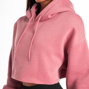 Sweat-shirt à capuche court rose pour femme, manches longues, couleur unie, en polaire, pour l'automne - Product Image 5