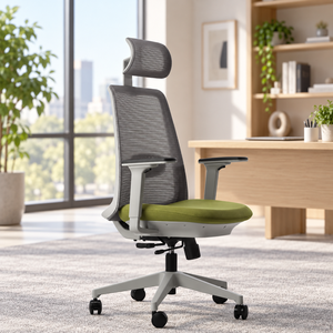 Chaise de bureau ergonomique en maille KINSHA ALTA-01 avec accoudoirs réglables, appui-tête fixe, dossier solide, design pivotant, style contemporain - Product Image 1
