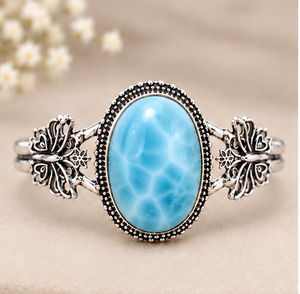 Larimar <b>Silver</b> Bangle, Natural Larimar Gemstone <b>Bracelet</b>, <b>925</b> <b>Sterling</b> <b>Silver</b> Cuff, Blue Stone Statement Jewelry, Boho Artisan - Product Image 3
