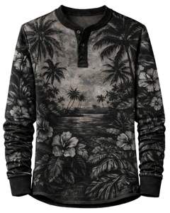Camisa Henley con estampado de paisaje tropical para hombre, camisa negra y gris de manga larga con botones, estilo playero informal, top ligero de moda - Product Image 1