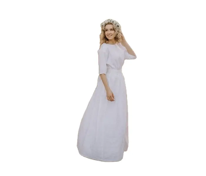Women White Brides Short Sleeve Fashion Wholesale Cheap Price Linen Fabric Long Maxi Dress