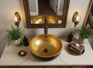 อ่างล้างหน้าทองเหลืองตีลายแบบโมเดิร์น สีดำและสีทอง สไตล์โมร็อกโก สำหรับห้องน้ำ อ่างล้างหน้าแบบวางบนเคาน์เตอร์ อ่างล้างจานในครัว - Product Image 3