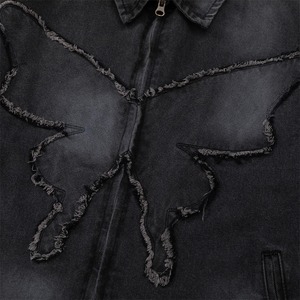 Chaqueta de mezclilla para hombre con cuello vuelto, cierre de cremallera, diseño de mariposa desgastado, estilo urbano, ropa de abrigo de otoño - Product Image 4
