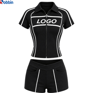 Vêtements pour femmes, ensemble sportif rose 2 pièces pour femmes, haut à manches courtes avec fermeture éclair, short taille haute, respirant, tricoté, pour l'entraînement, vêtements de printemps - Product Image 2